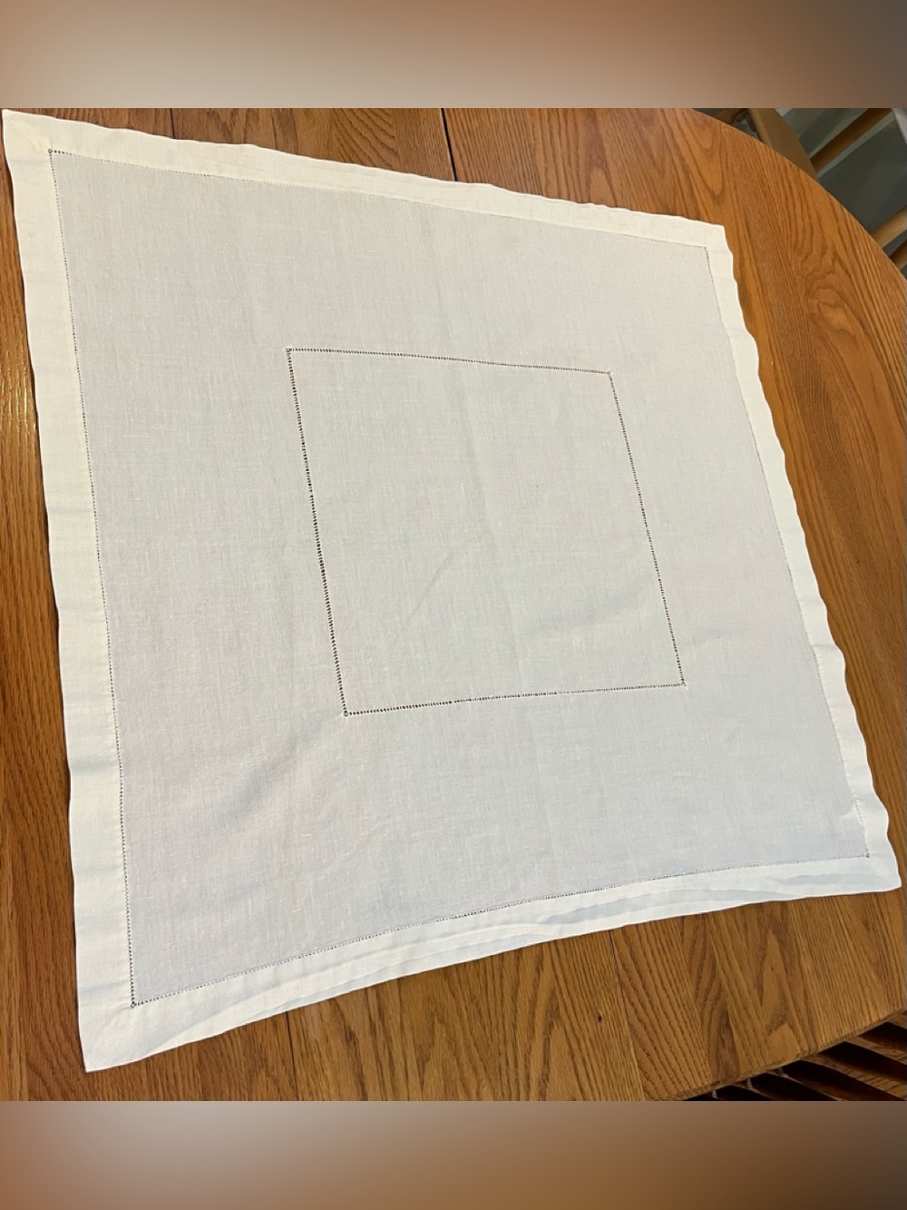 Vintage Handmade Ecru Linen Square Tablecloth with Hemstitch Accent